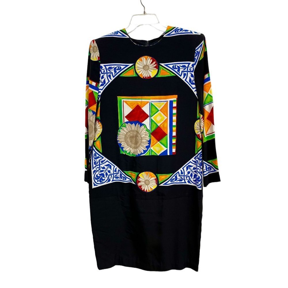 KC Spencer Multicolor Long Sleeve Dress Geometric and Sunflower Patterns Size M